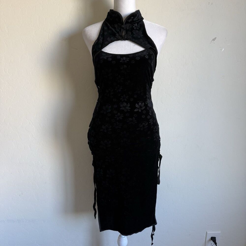 Whimsigoth Velvet Burnout Toggle Neck High Side Slit Dress Size S Asian Mandarin